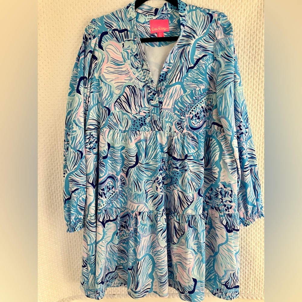 Beautiful Lilly Pulitzer Winona Fishful Thinking Bermuda Blue Tiered Shift Dress